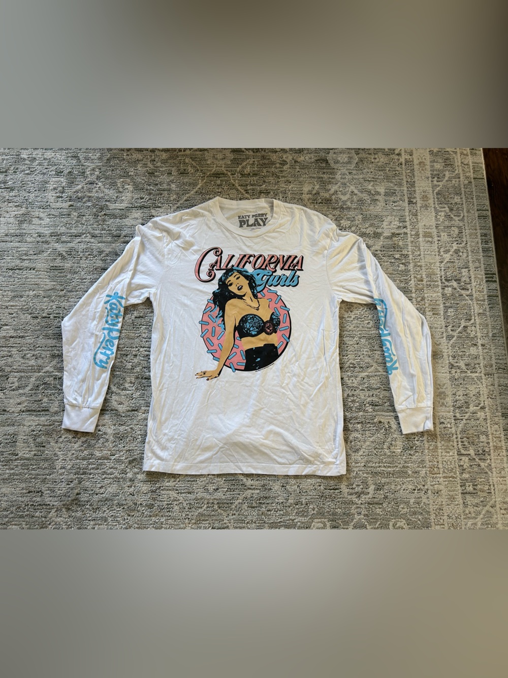 Katy Perry Collections White Long-Sleeve Graphic Tee with Pink & Blue Accents